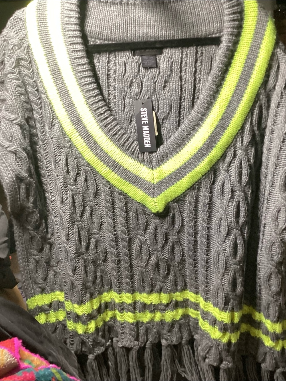 Steve Madden Gray Cable Knit Sweater with Neon Green Trim